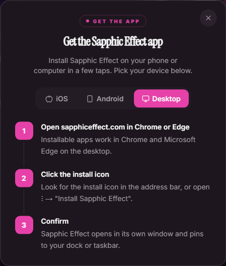 Get Sapphic Effect app dialog on desktop